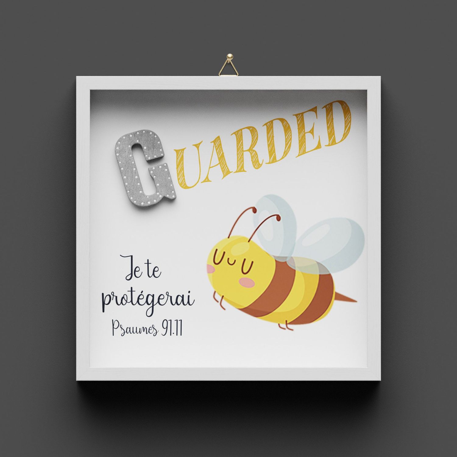 Cadre en bois "GUARDED" Abeille, Psaumes 91.11