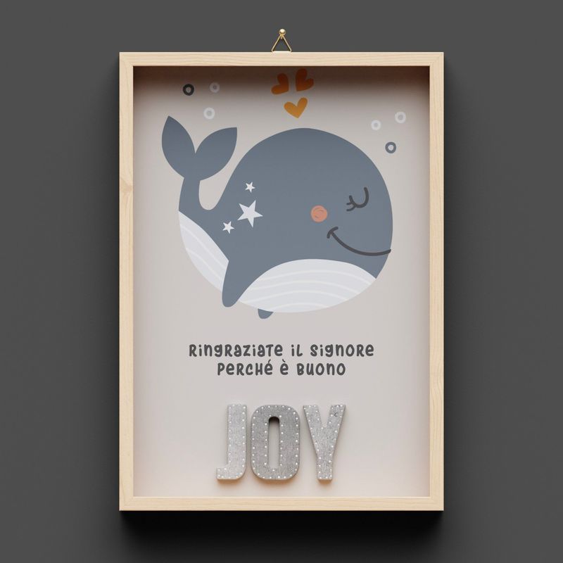 Quadro in legno, Balena "JOY", blu