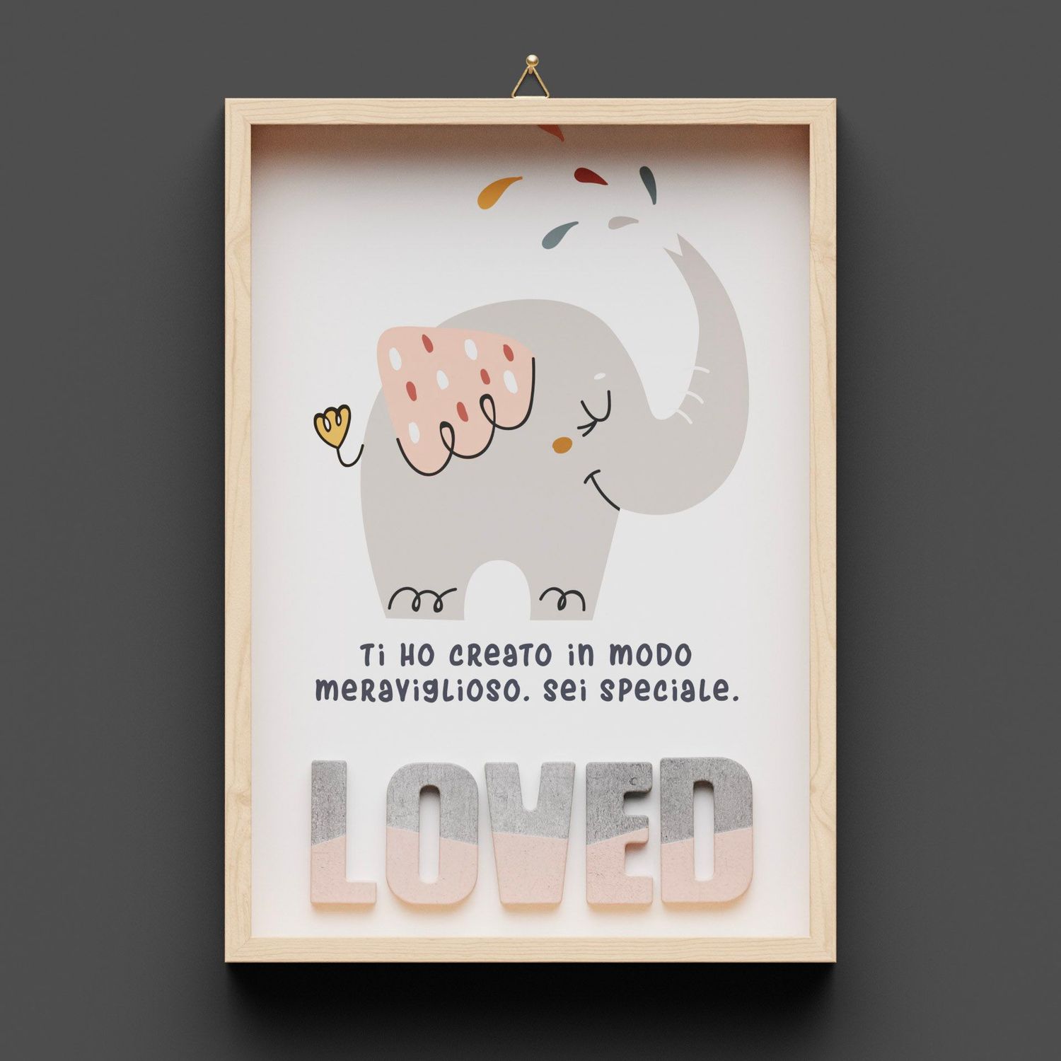 Quadro in legno, Elefantino, "LOVED" rosa