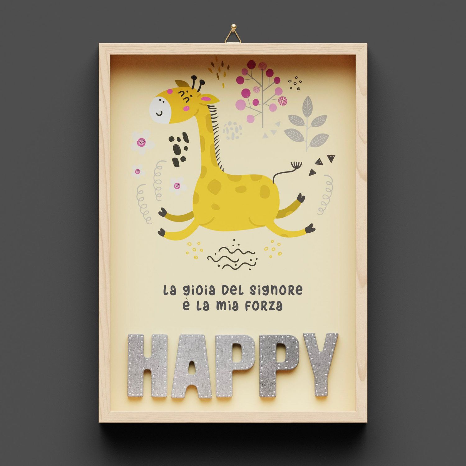 Quadro in legno, Giraffa "HAPPY" giallo