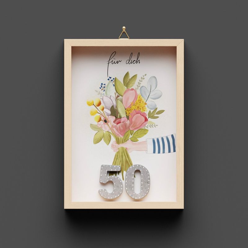 Wandbild aus Holz zum Geburtstag, Blumenstrauss, Zahlen personalisierbar, (lieferbar Ende Februar 2025)