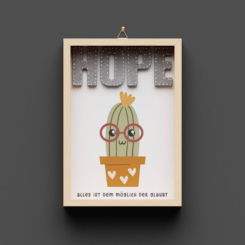 Wandbild aus Holz, Kaktus "HOPE"