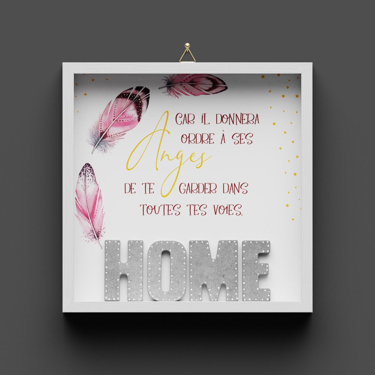 Cadre en bois "HOME" plumes