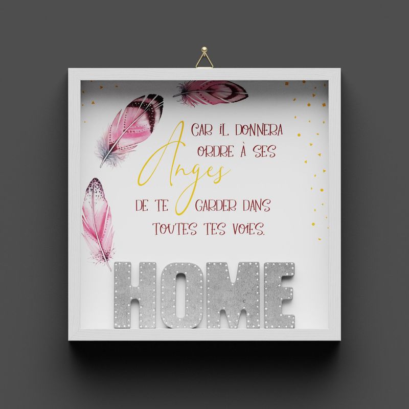 Cadre en bois "HOME" plumes