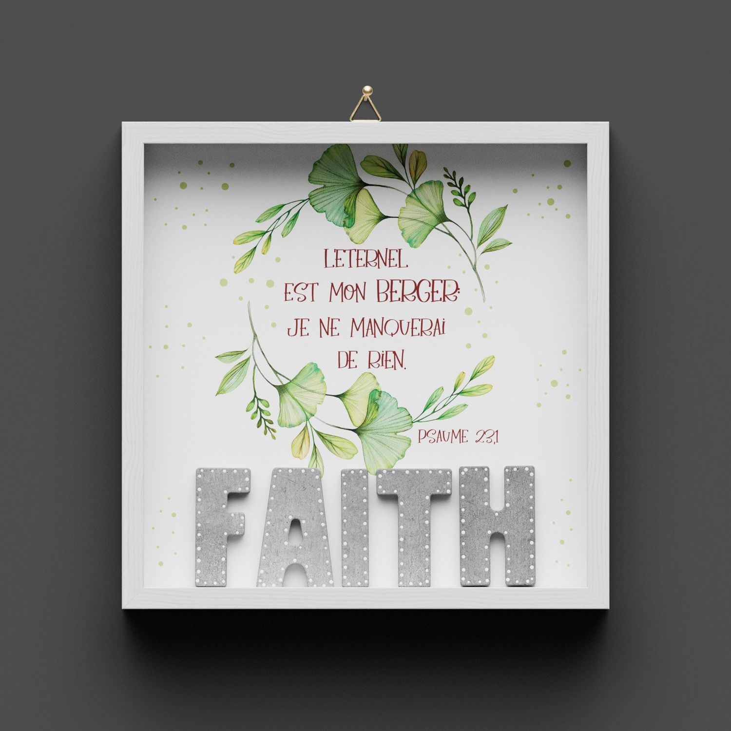 Cadre en bois "FAITH" fleur, Psaume 23.1