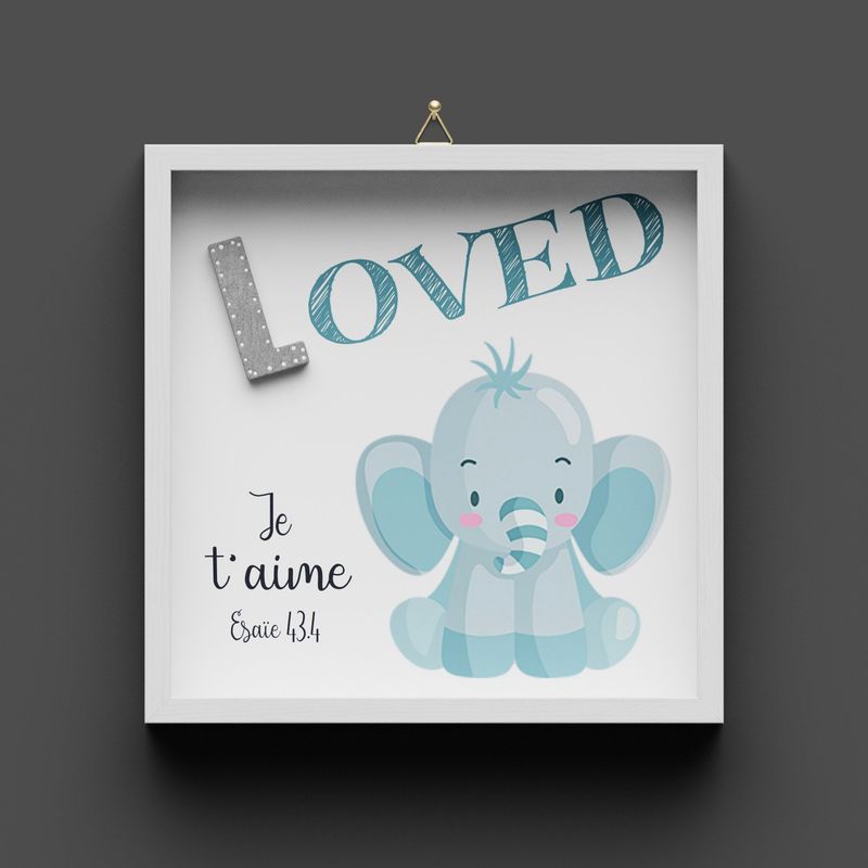 Cadre en bois "LOVED" éléphant, Esaïe​ 43.4​