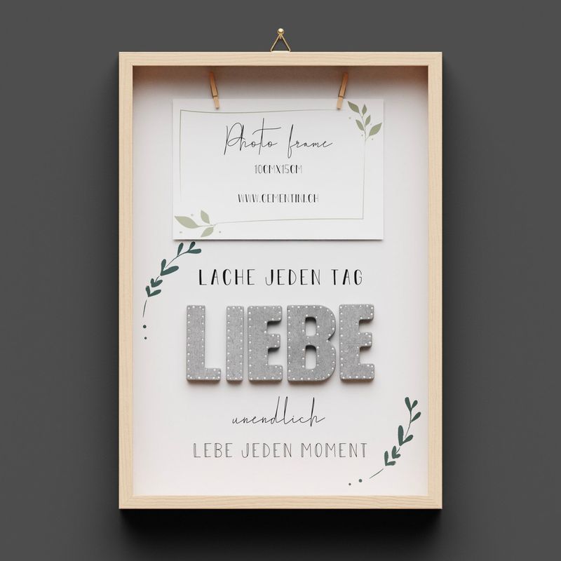 Wandbild aus Holz "LIEBE" mit Holzklammern für Foto