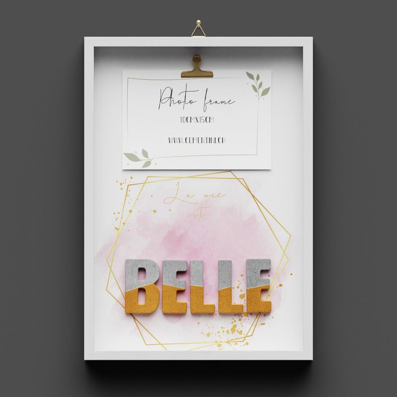 Cadre en bois, "BELLE", avec clip en or pour la photo