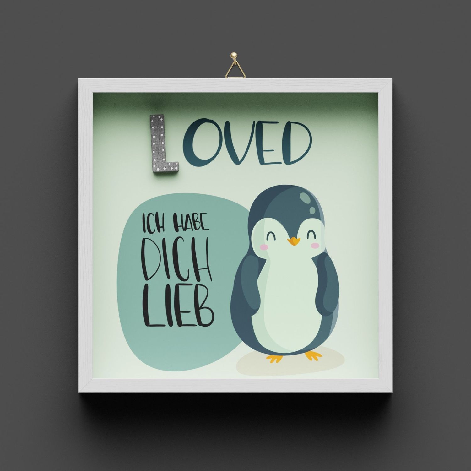 Wandbild aus Holz "LOVED" Pinguin, Jesaja 43:4, nicht personalisierbar