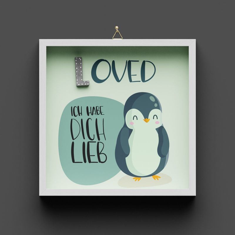 Wandbild aus Holz "LOVED" Pinguin, Jesaja 43:4, nicht personalisierbar