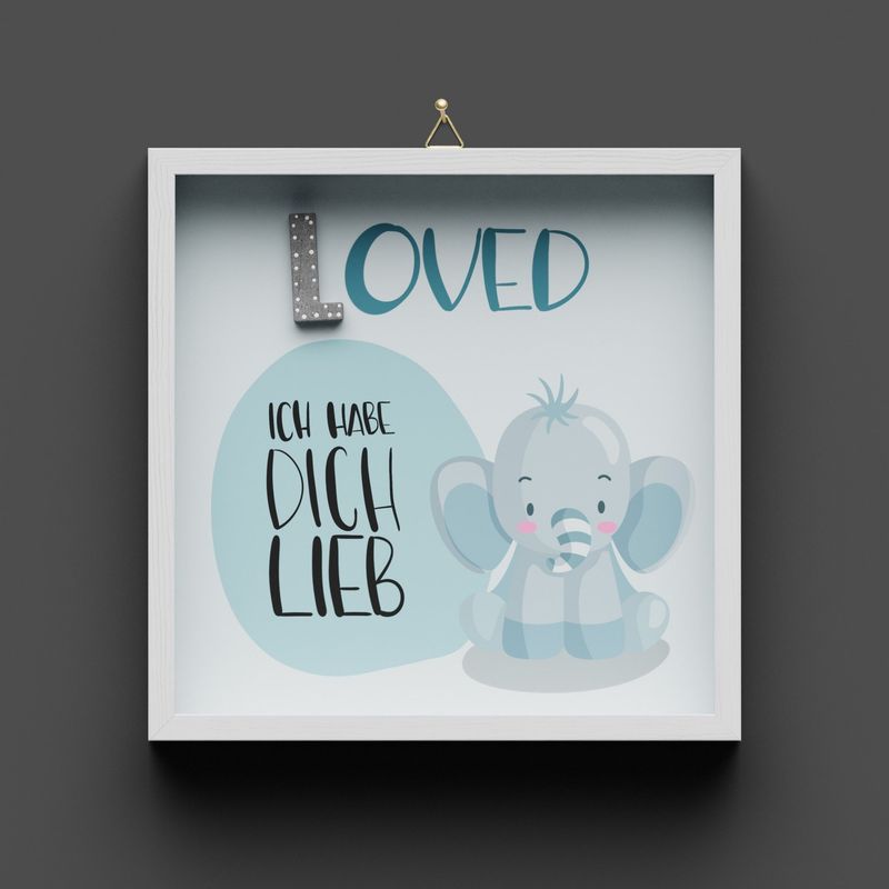 Wandbild aus Holz "LOVED" Elefant, Jesaja 43:4, nicht personalisierbar