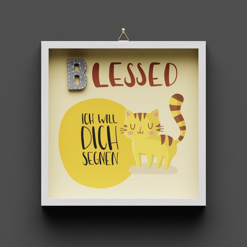 Wandbild aus Holz "BLESSED" Katze, 1.Mose 12:2, nicht personalisierbar