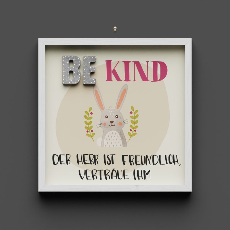 Wandbild aus Holz "BE kind" Hase