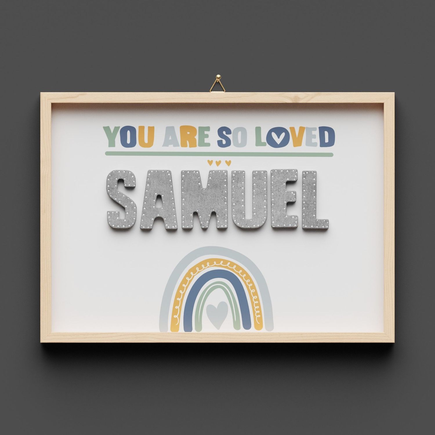 Wandbild aus Holz mit Namen personalisierbar, Regenbogen blau-grün-gelb