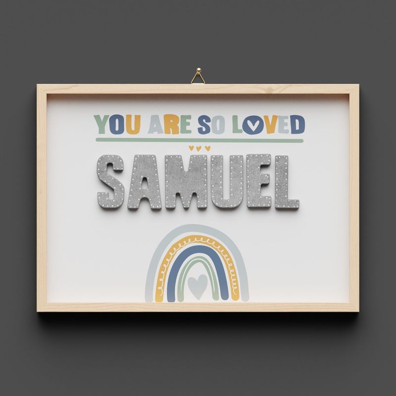 Wandbild aus Holz mit Namen personalisierbar, Regenbogen blau-grün-gelb