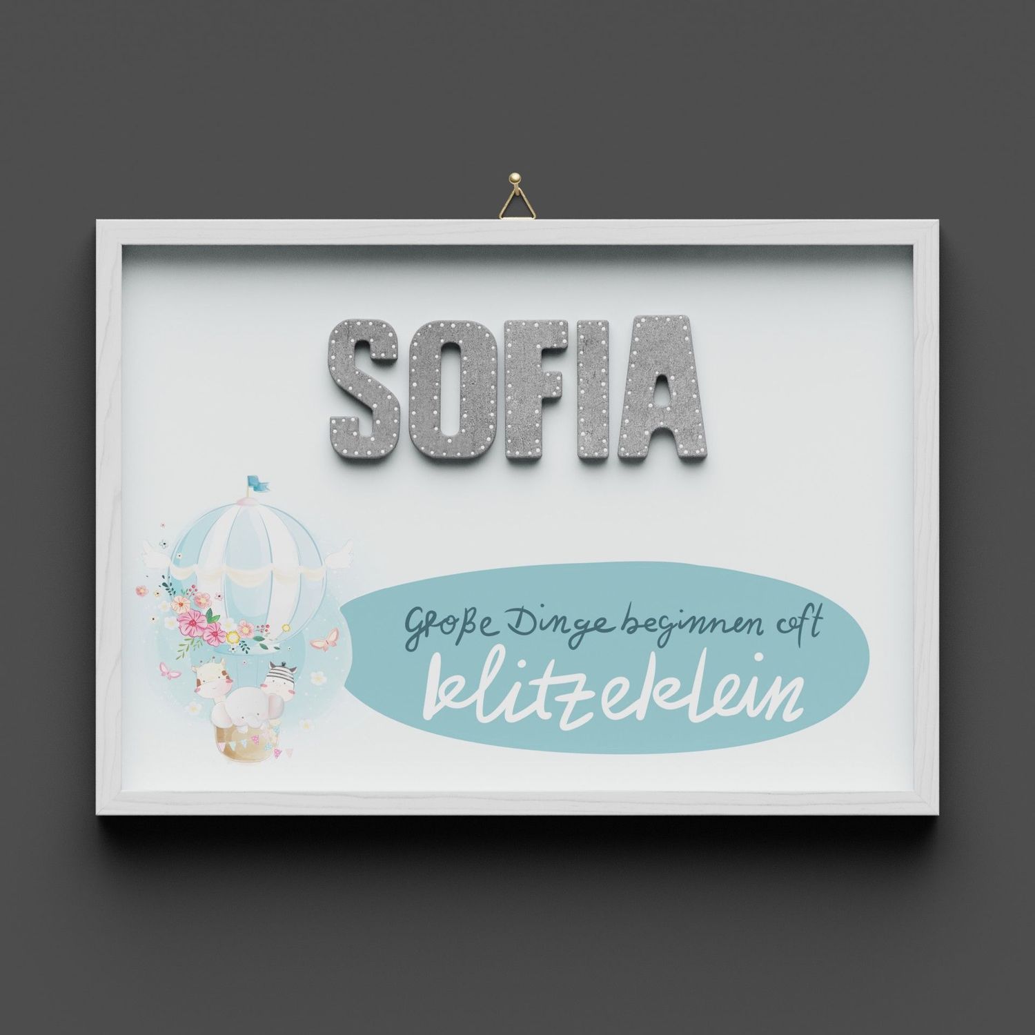 Wandbild aus Holz mit Namen personalisierbar, Heissluftballon