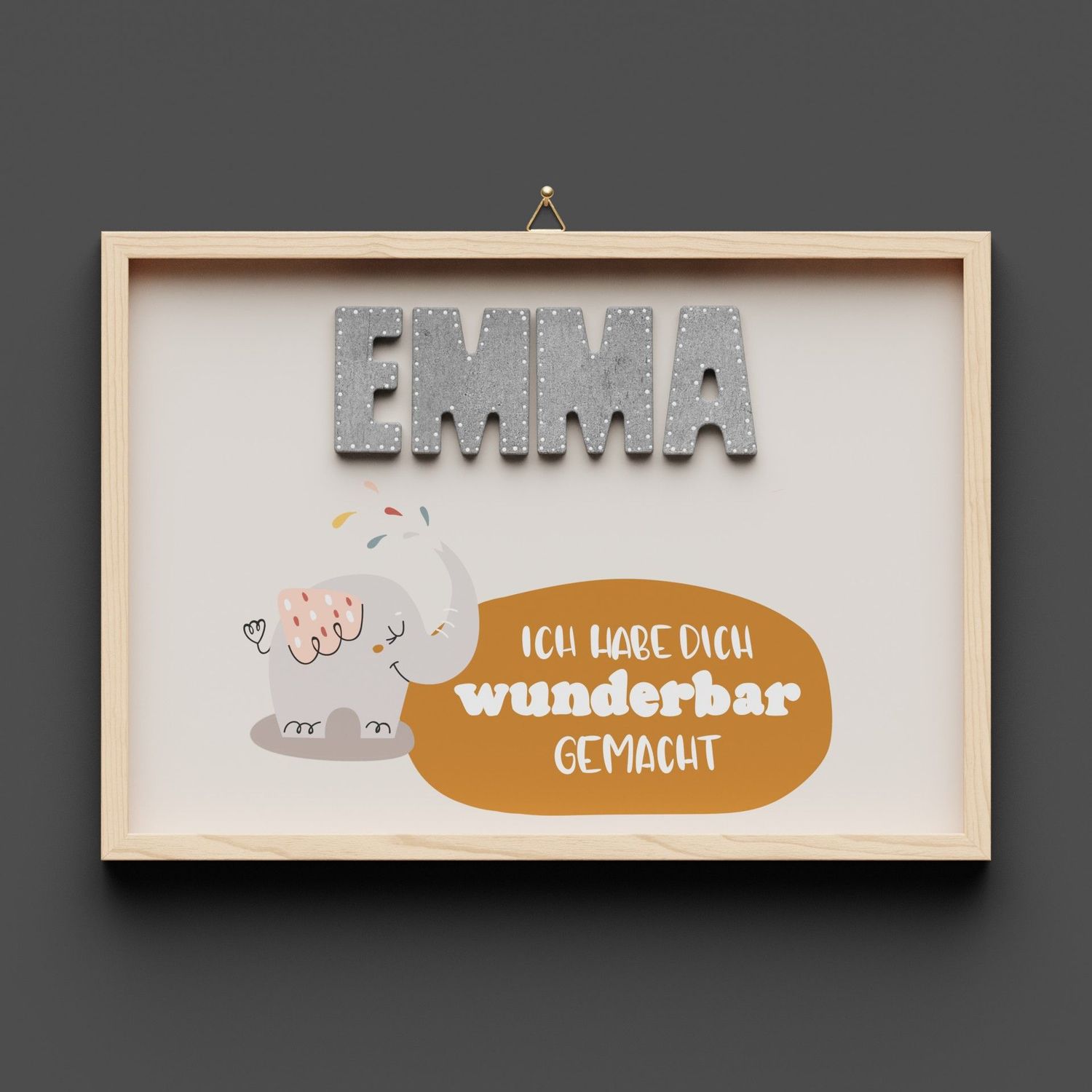 Wandbild aus Holz mit Namen personalisierbar, Elefant