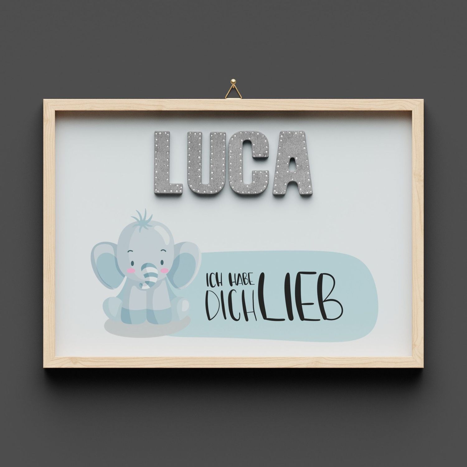 Wandbild aus Holz mit Namen personalisierbar, Elefant "Ich habe dich lieb"