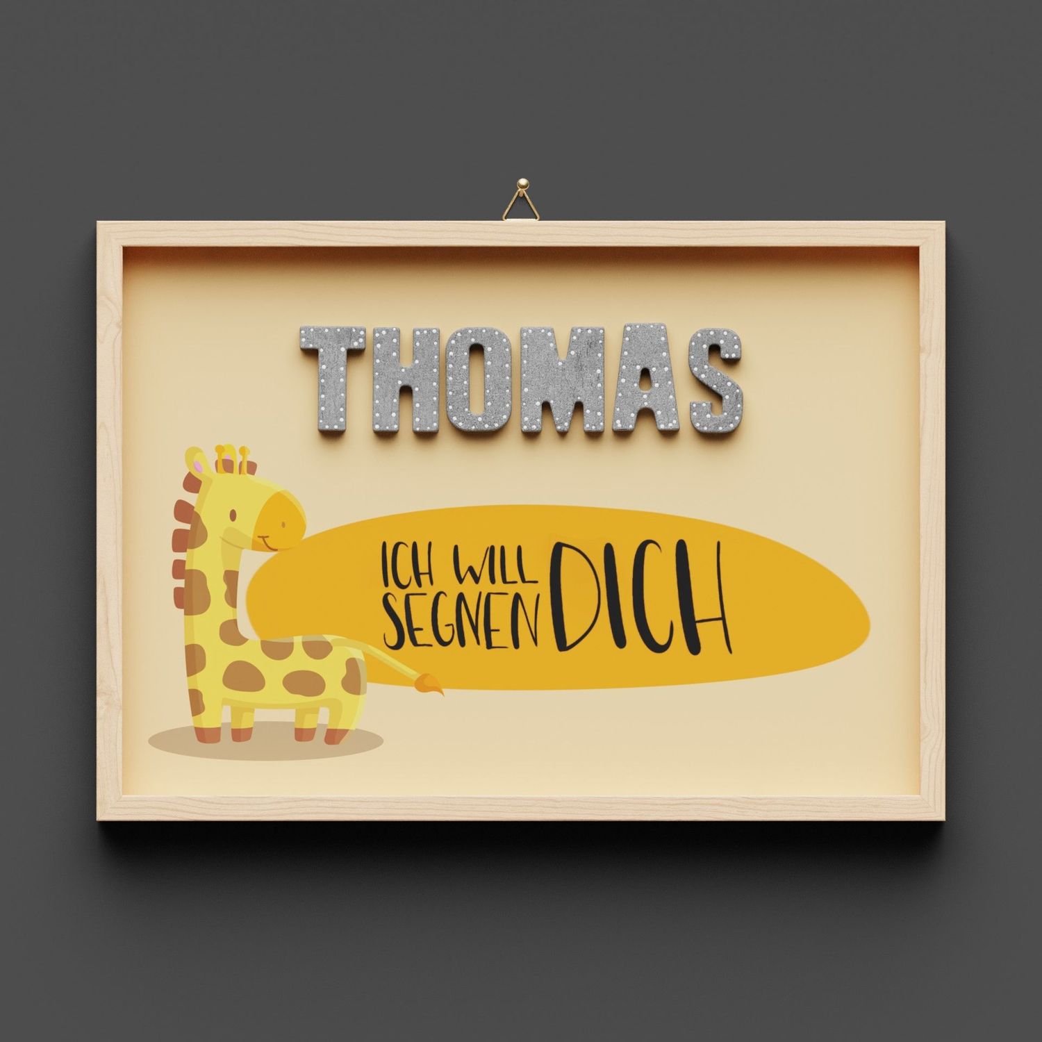 Wandbild aus Holz mit Namen personalisierbar, Giraffe "Ich will dich segnen"