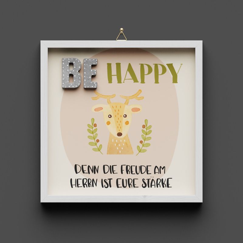 Wandbild aus Holz "BE happy" Elch Nehemia 8:10