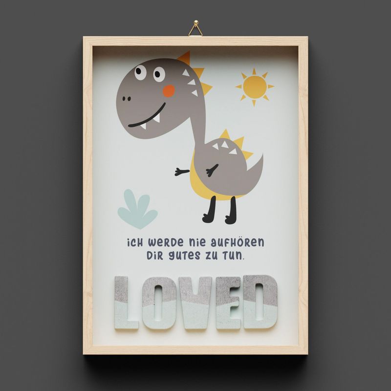 Wandbild aus Holz, Dino "LOVED" grün