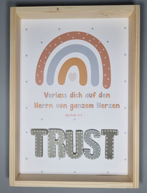 Wandbild aus Holz, "TRUST" Regenbogen