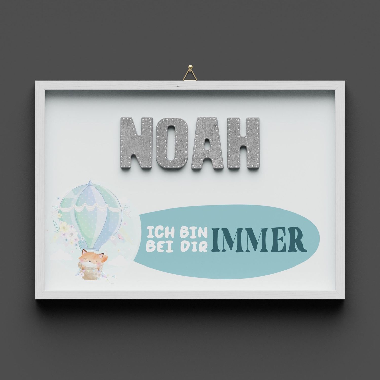 Wandbild aus Holz mit Namen personalisierbar, Heissluftballon blau Wandbild aus Holz mit Namen personalisierbar, Heissluftballon blau