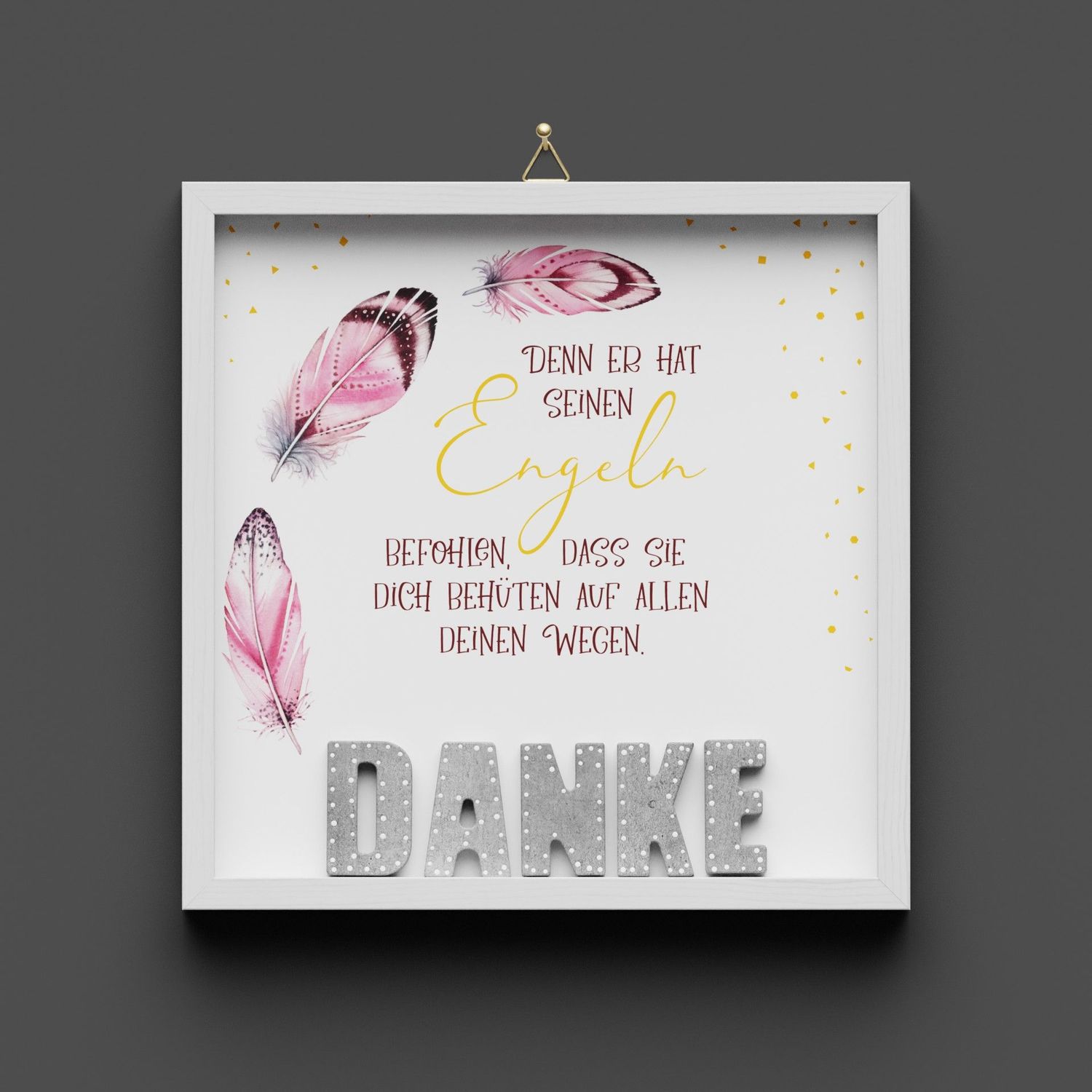 Wandbild aus Holz "DANKE" Federn