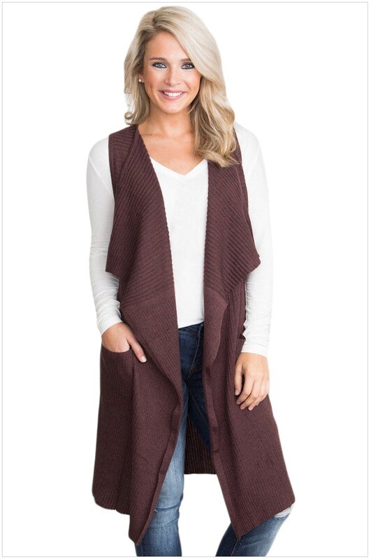 Women&#39;s Sleeveless Open Front Knitted Long Cardigan Sweater Vest Pocket