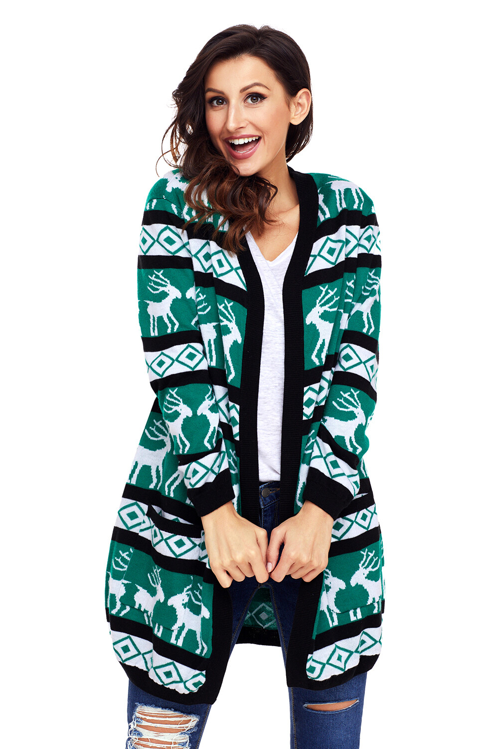 Women&#39;s Christmas Reindeer Geometric Open Front Long Sleeve Cardigan