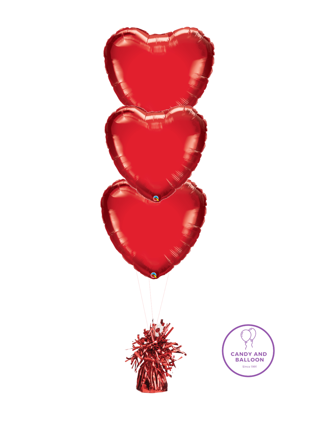 Ballonstrauß  True Love" 3 Folienherzen Rot am Gewicht