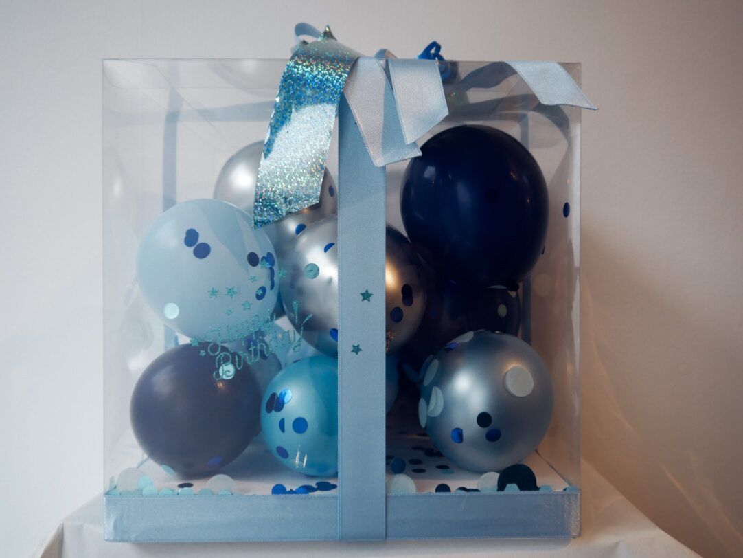 Klarsichtbox  Groß mit Ballons, Farbkombi: Blautöne - Silber