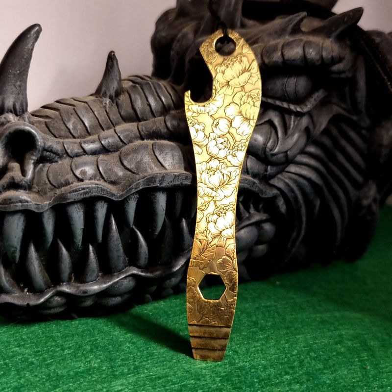 Pry Bar Bottle Opener in Brass (Laser Engraved Peony Pattern)