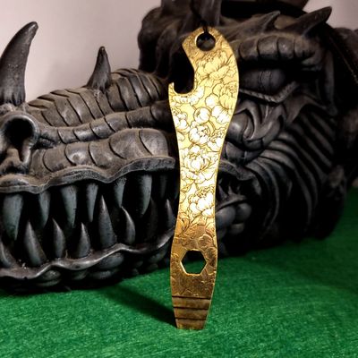 Pry Bar Bottle Opener in Brass (Laser Engraved Peony Pattern)