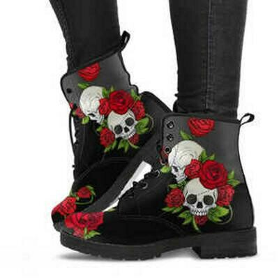Doc Martens Style Combat Boots With Skulls And Red Roses