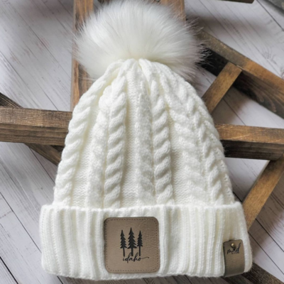 Idaho Beanie POOF with Leather - White