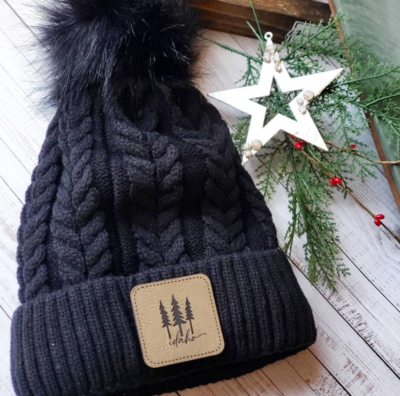 Idaho Beanie POOF with Leather  - Black