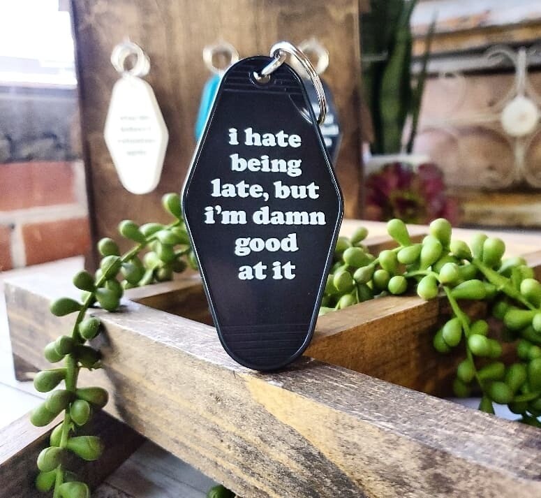 Retro Plastic Hotel Key Chain -  I hate being late
