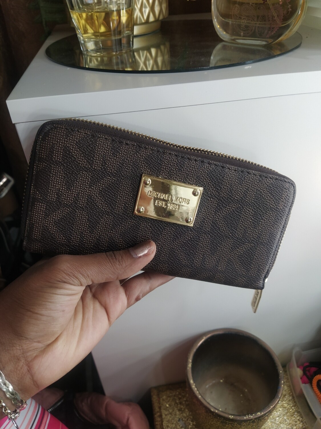 Brown MK inspired long zippy wallet