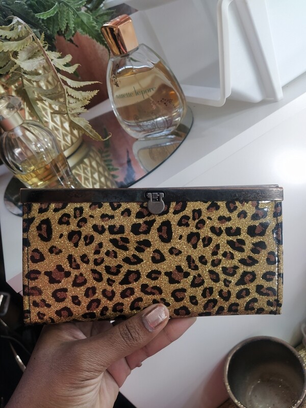 Used leopard print glitter gold wallet