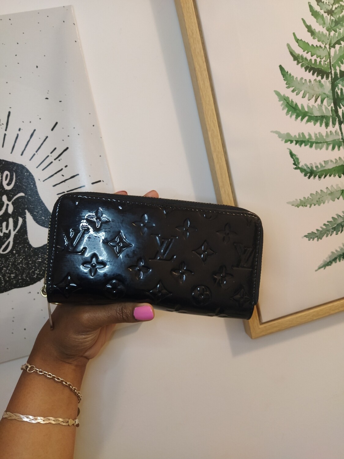 Black flower vernis double zippy wallet