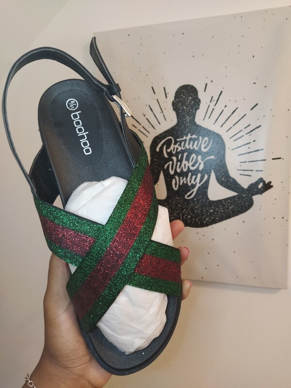 Green and red stripe sandals
