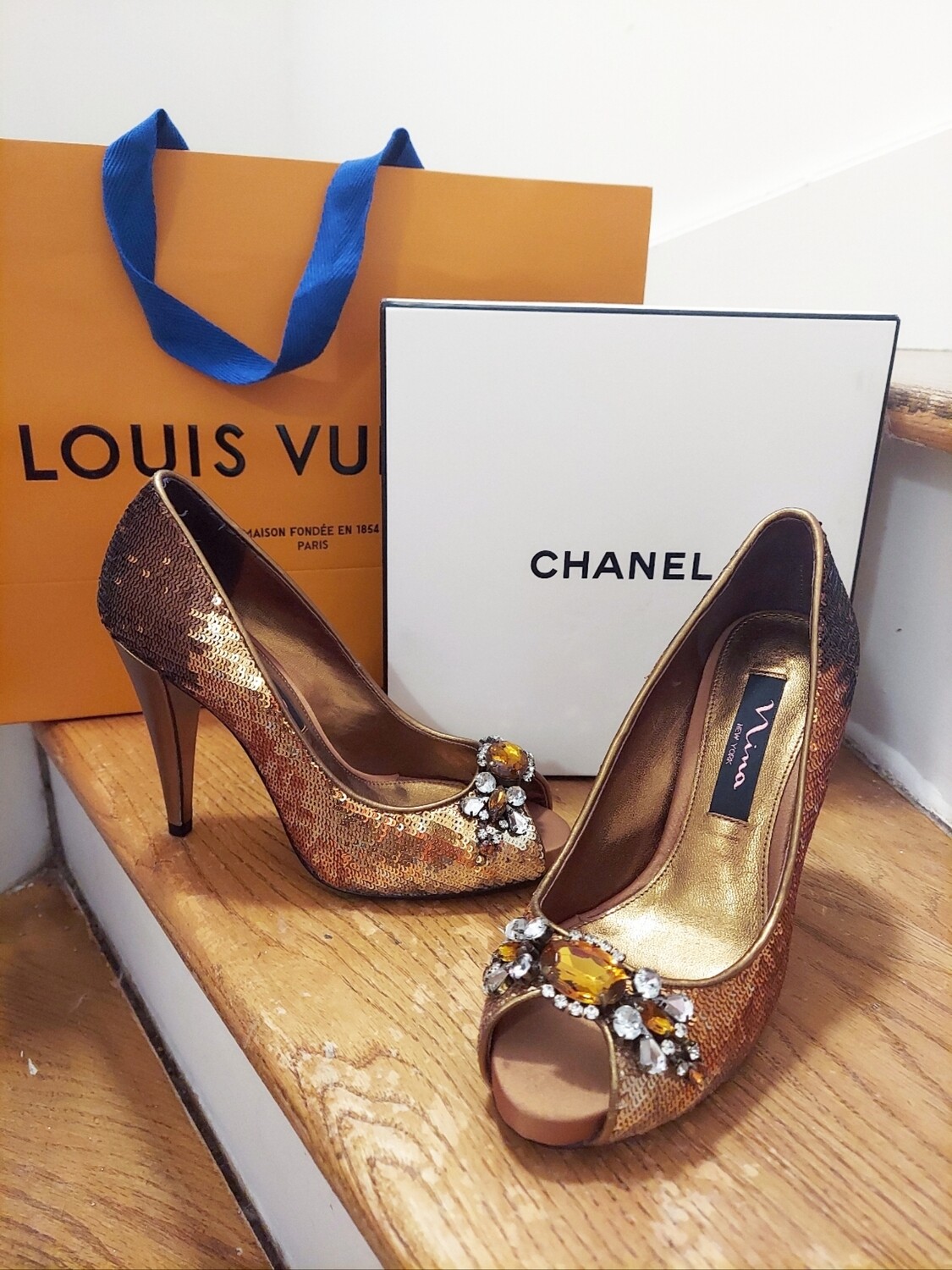 Used bronze sparkly heels