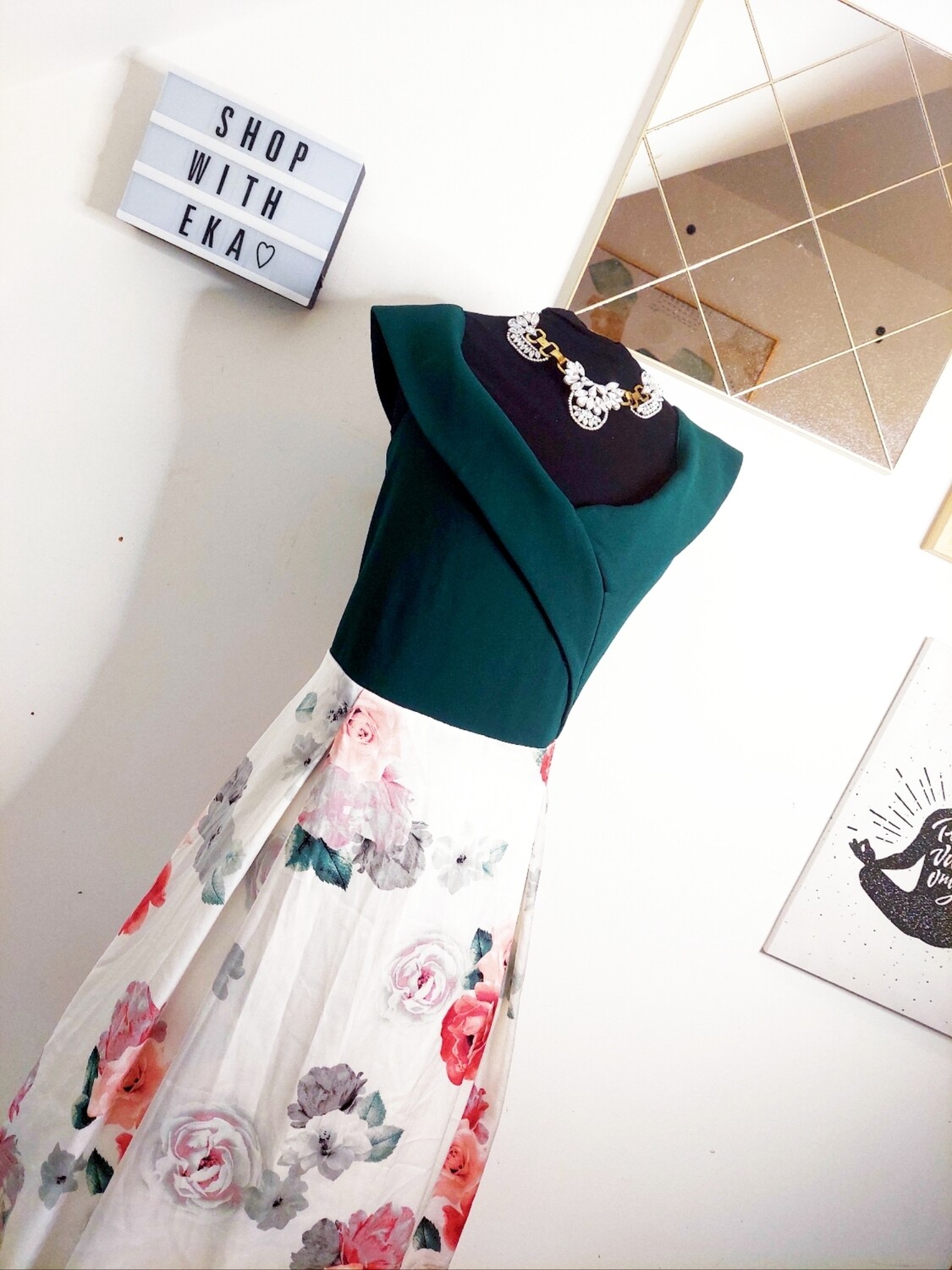 Used green and beige floral dress