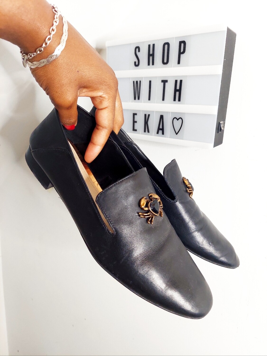 used zara black leather loafer