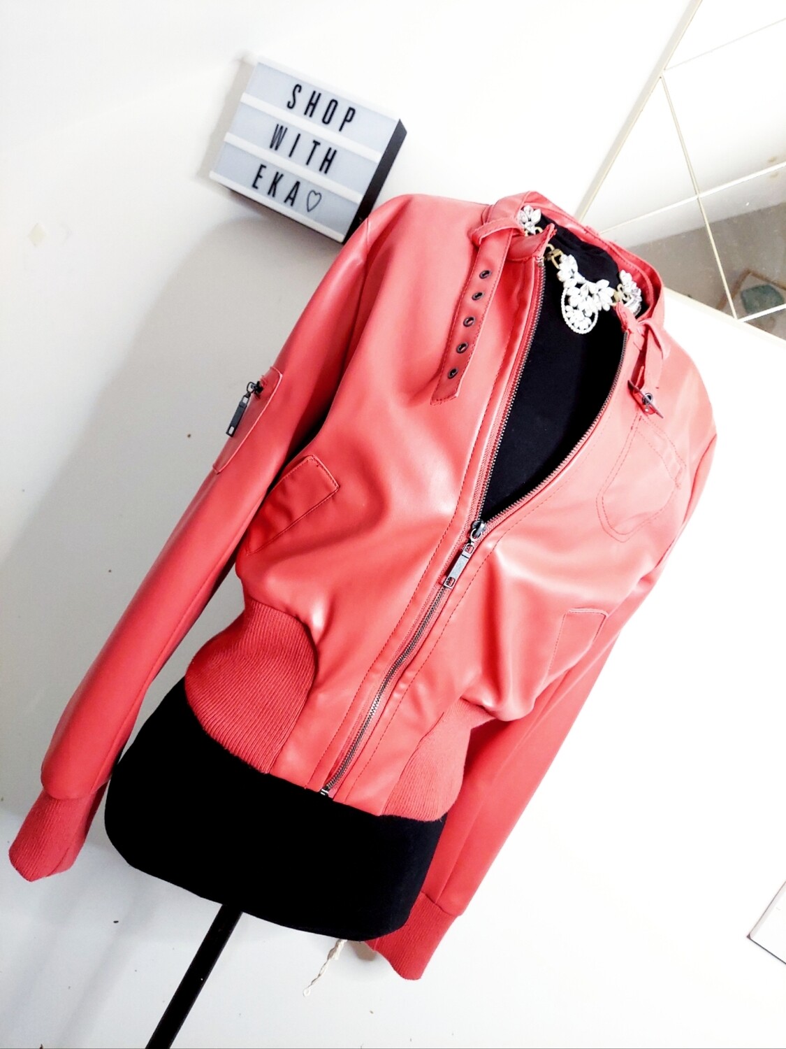 used faux leather salmon pink moto jacket