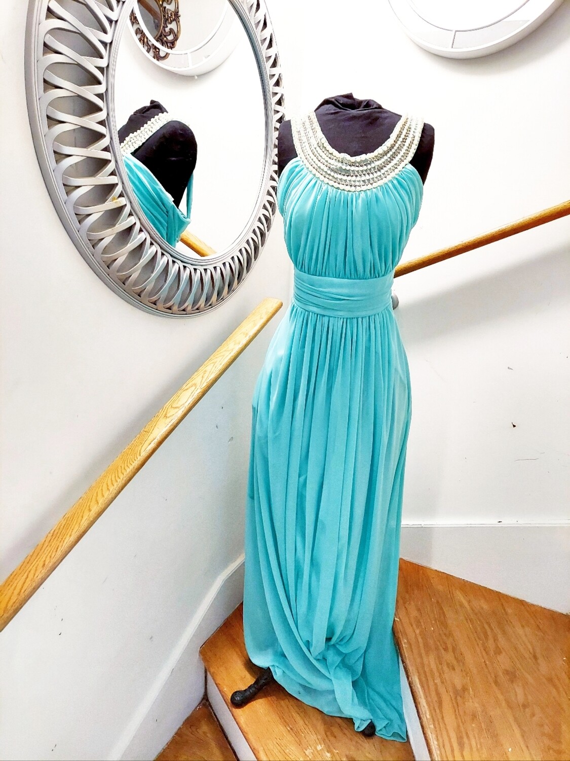 New teal gown with pearl and rhinestone collar