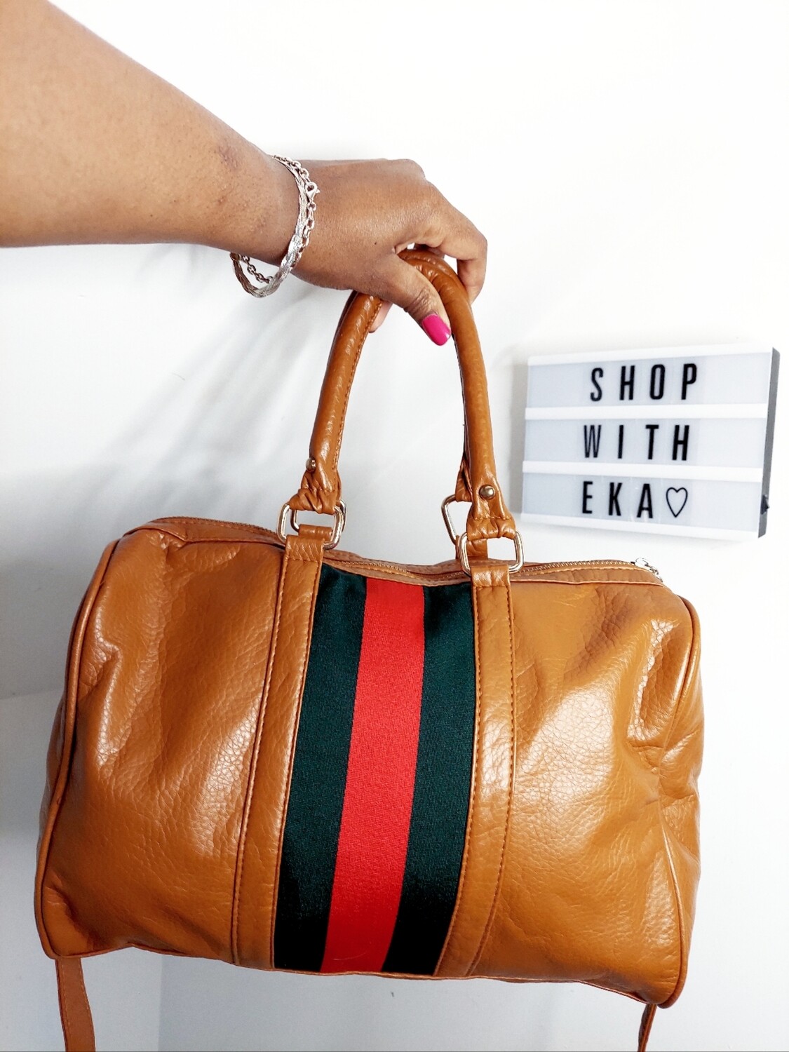 Green and red stripe camel handbag
