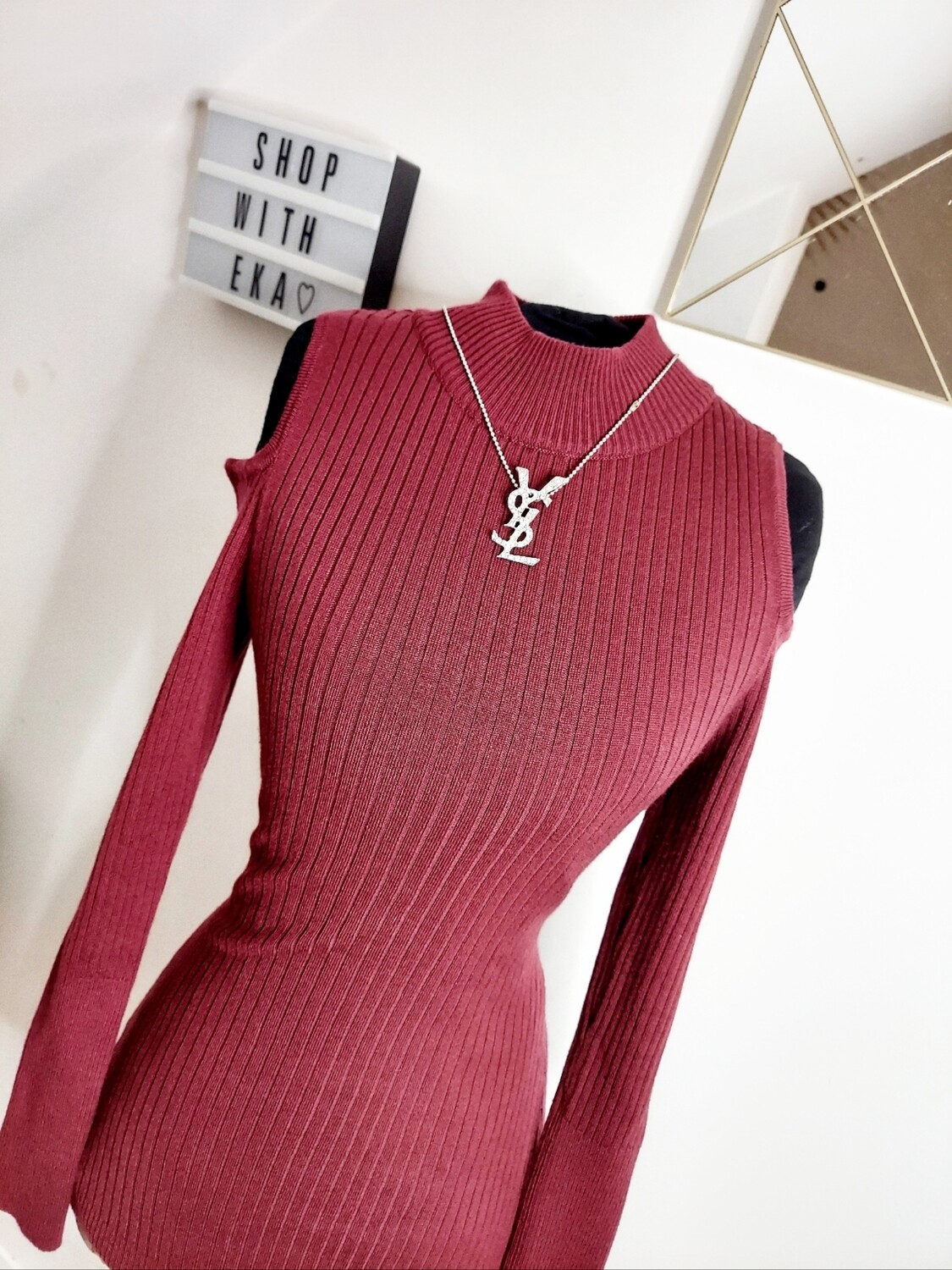 used burgundy sweater with cut out shoulder