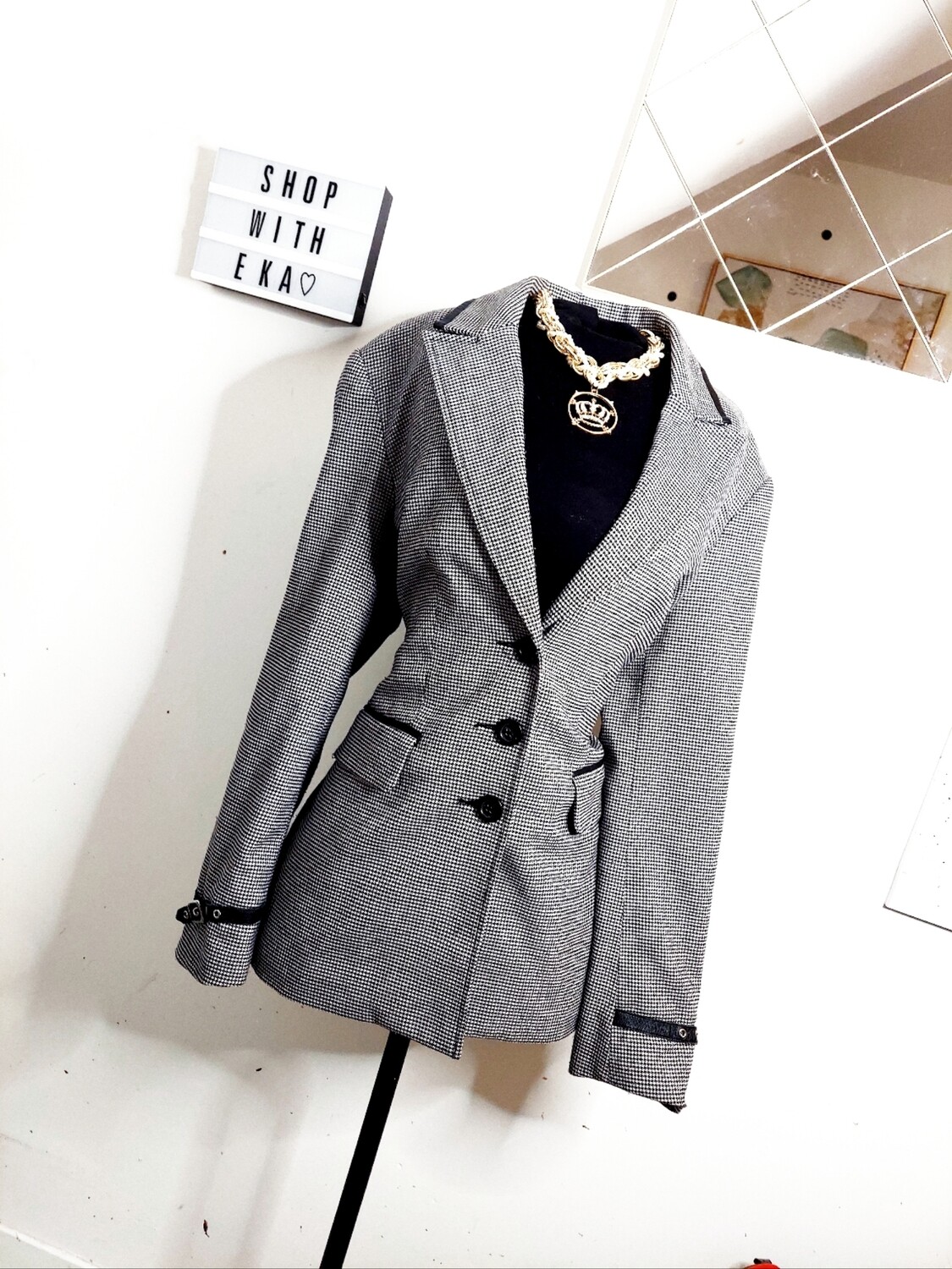 used grey blazer with black trim